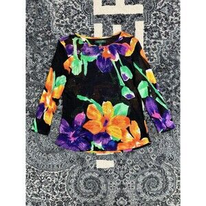 Lauren Ralph Lauren Linen Petite Top Women Size PL 3/4 Sleeve Black Floral Knit